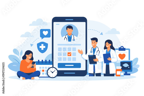 Patient Booking Medical Appointment Online via Smartphone Application with Professional Doctors, Telemedicine and Digital Healthcare Concept, Flat Vector Illustration for Web and Mobile App.