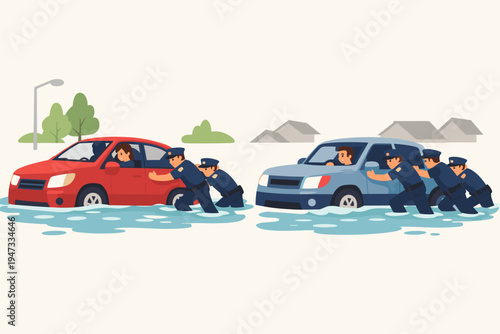Police officers in uniform pushing a red and blue car through deep floodwaters to help drivers during a flood emergency. Flat vector illustration of rescue operations and community assistance.