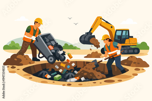 Workers in Safety Vests Dumping Rubbish into a Pit for Burial with an Excavator, Flat Vector Illustration of Landfill Waste Management, Garbage Disposal, and Environmental Pollution Cleanup.
