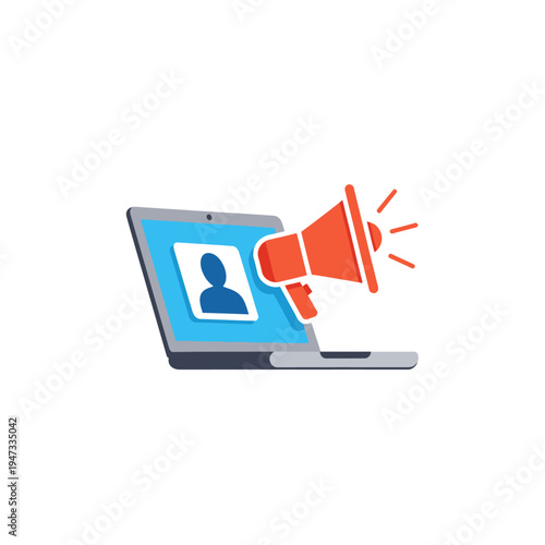 Laptop with megaphone announcing profile.