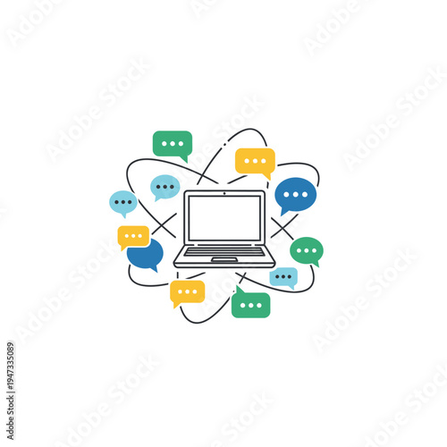 A laptop surrounded by colorful chat bubbles.