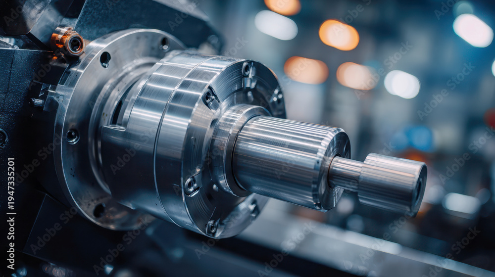 Fototapeta premium High-precision metalworking lathe machine tool producing a polished cylindrical component in a modern industrial manufacturing workshop environment