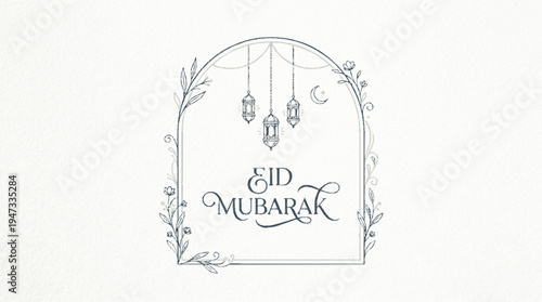 Modern eid mubarak greeting card featuring elegant floral arch with intricate lanterns on a minimalist white background