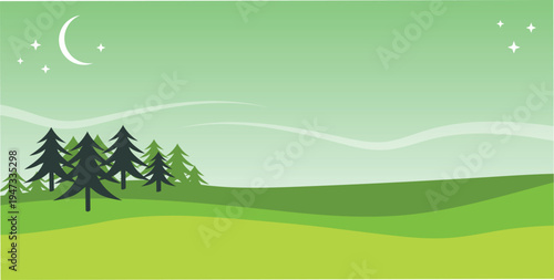 Spring forest evening landscape illustration with pine trees