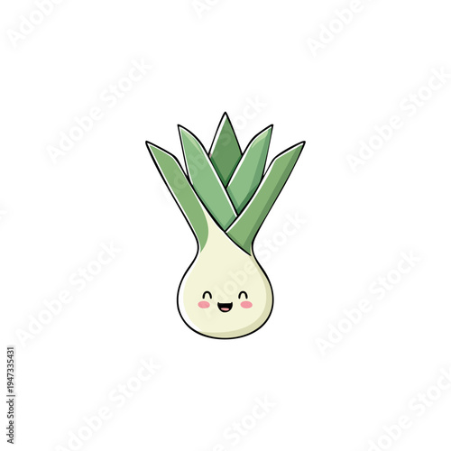 Cute cartoon leek character with a smiling face and rosy cheeks, isolated on a white background