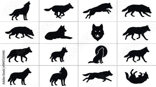 Collection of various wolf silhouettes in different poses and actions.