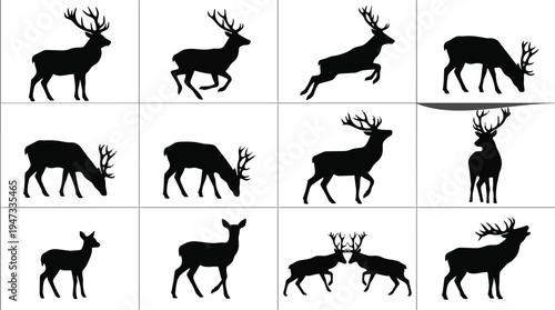 Collection of various deer silhouettes in different poses.
