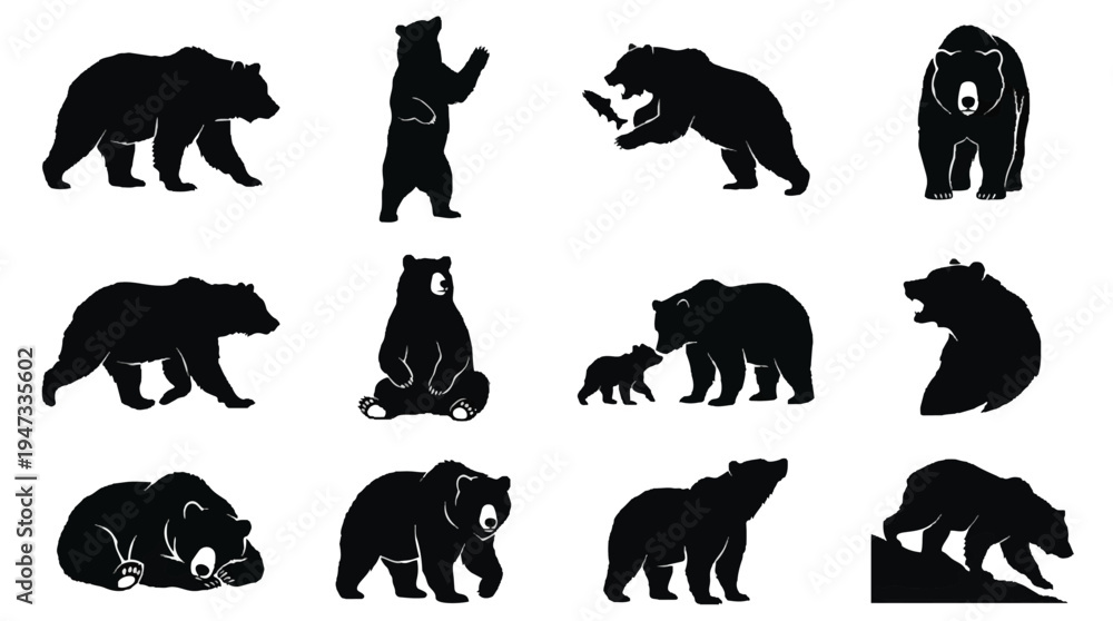 Fototapeta premium Collection of various bear silhouettes in different poses and actions.
