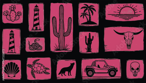 Set of desert and coastal icons, western and nautical graphic design elements
