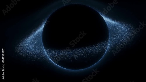 Abstract dark blue glowing particles orbiting a mysterious black sphere, creating a futuristic and cosmic visual effect, ideal for technology, science