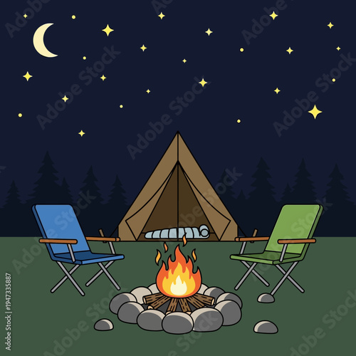 Night camping scene with tent, campfire, and seating under stars