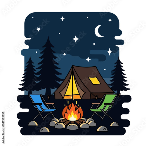 Night Camp Scene with Tent, Campfire, and Seating by Moonlit Trees