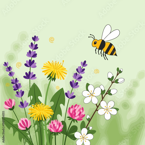 Bee Flying Over Colorful Spring Flowers and Lavender in Garden Scene