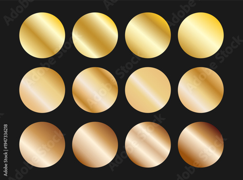 Round metallic foil texture, gold gradient swatches set. Shiny metallic collection graphic design on black bg, vector collection