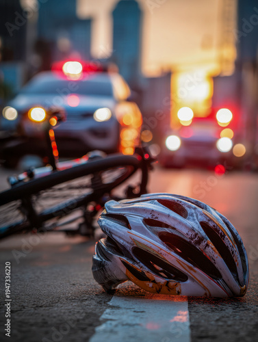 Bike accident scene with damaged helmet and fallen bicycle on street as emergency vehicles arrive at sunset in urban environment
