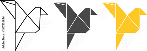Minimalist origami bird illustration in line art, dark gray and yellow geometric paper style arranged horizontally on white