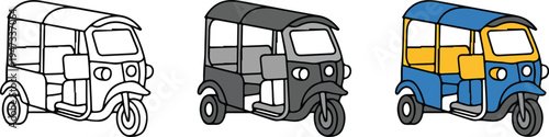 Minimalist tuk tuk vehicle illustration set showing line art, gray, and blue yellow auto rickshaw icons arranged horizontally