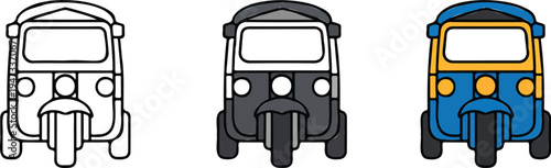 Minimalist tuk tuk vehicle illustration set showing line art, gray, and blue yellow auto rickshaw icons arranged horizontally