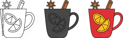Minimalist mulled wine mug illustration set with cinnamon stick, citrus slice and star anise in line art gray and red