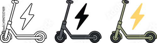 Minimalist electric scooter icon set with lightning bolt symbol in line art gray and green modern transport illustration