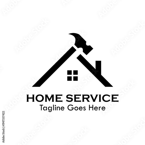 Minimalist home service logo featuring a hammer integrated with a house roof, ideal for construction, renovation, maintenance, and handyman business branding. Professional vector.