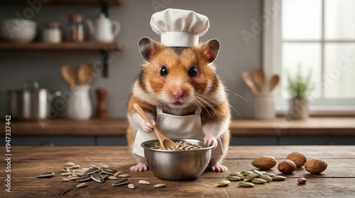 A charming Syrian hamster dressed as a chef is stirring seeds in a bowl with a wooden spoon, wearing a chef's hat and apron, set against a cozy kitchen backdrop, creating a delightful scene.