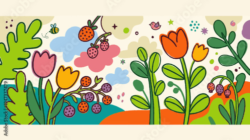 Colorful whimsical illustration of vibrant tulips berries and plants in a playful children's garden scene with butterflies