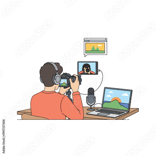 Digital Nomad Content Creator Working with Camera and Laptop