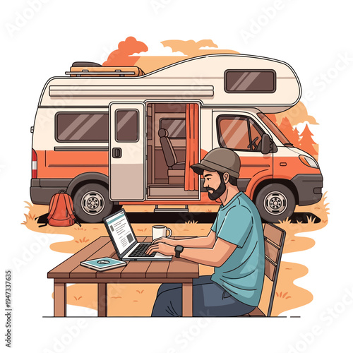 Digital Nomad Working on Laptop Outside Camper Van in Nature