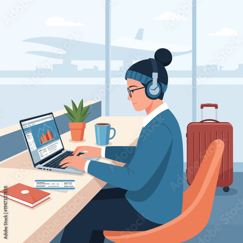 Digital nomad woman working on a laptop at an airport terminal