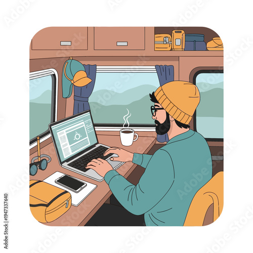 Digital Nomad Working on Laptop Inside Camper Van