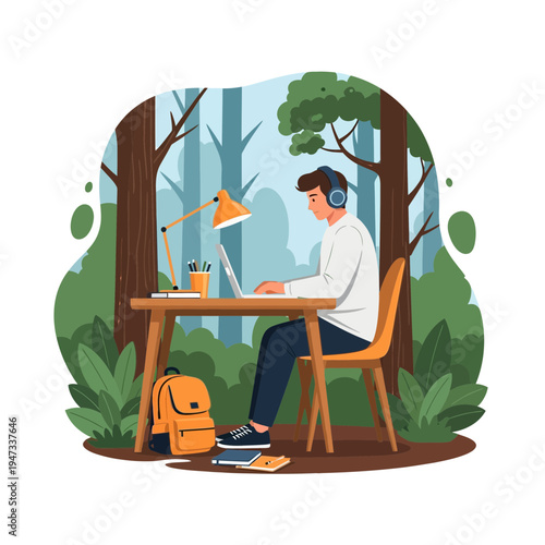 Digital Nomad Working on Laptop in Forest Outdoors