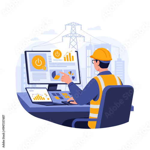Engineer Monitoring Smart Energy Grid and Power Distribution