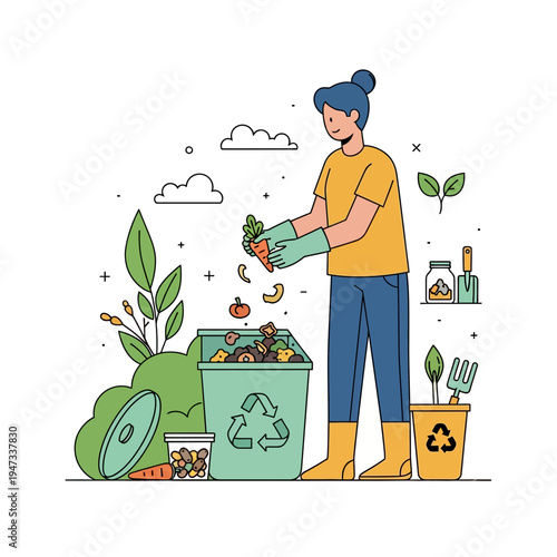 Woman composting organic kitchen waste in a green recycling bin outdoors