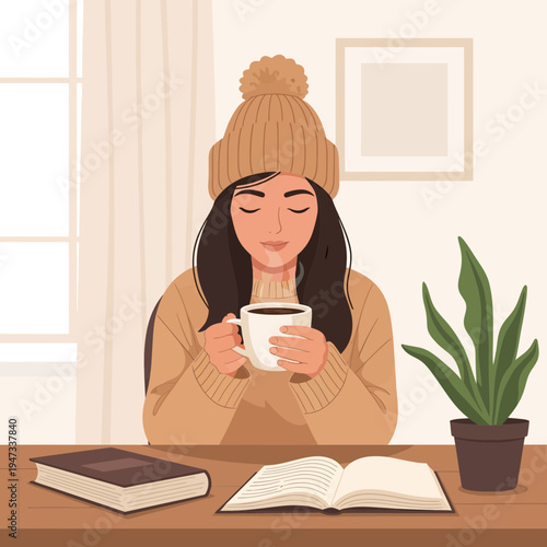 Cozy woman drinking hot coffee with books in a peaceful home setting