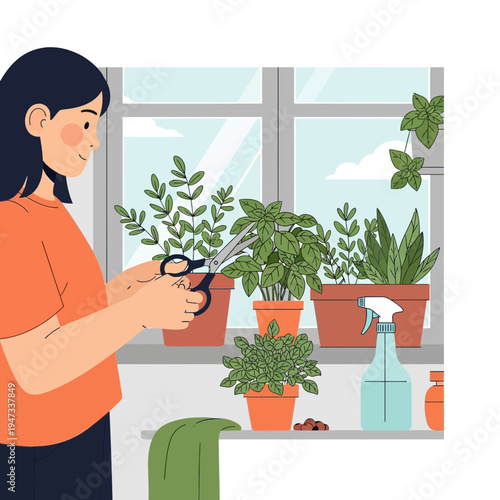 Woman trimming fresh herbs in a sunny kitchen garden windowsill