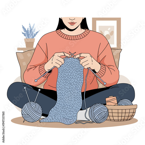 Young woman knitting with wool yarn at home for relaxation