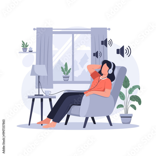 Peaceful Woman Listening to Relaxing Audio with Headphones at Home