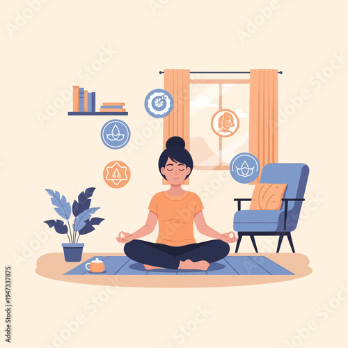 Woman practicing mindful meditation and breathing at home