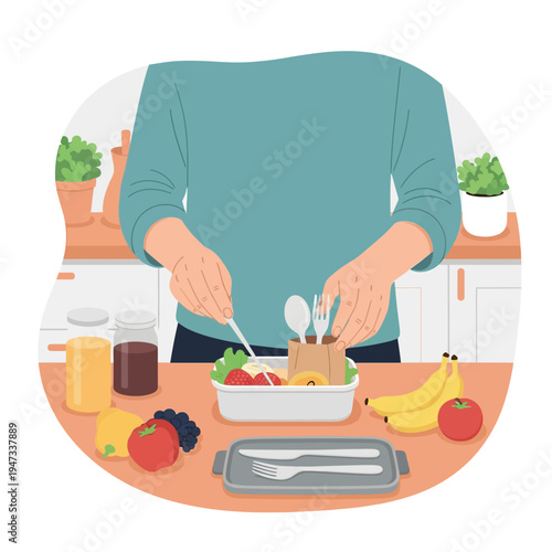 Person preparing a healthy reusable lunch box with fresh food