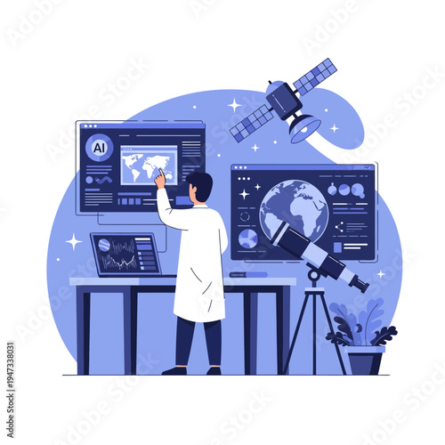 Scientist analyzing space and satellite data using AI technology