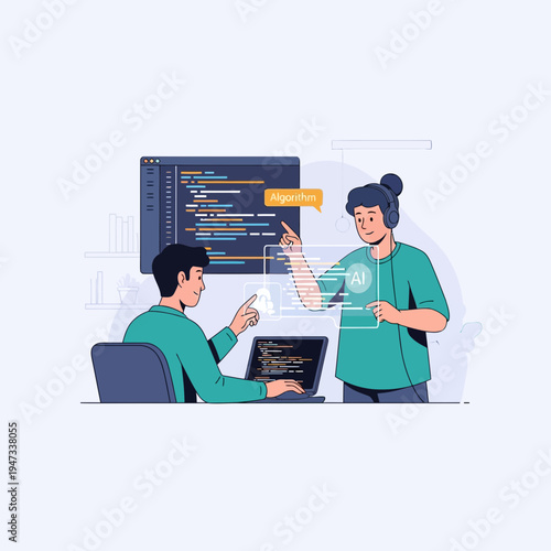 Software developers coding AI algorithm together flat vector
