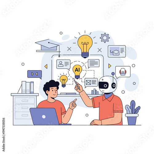 Student collaborating with AI robot for digital learning