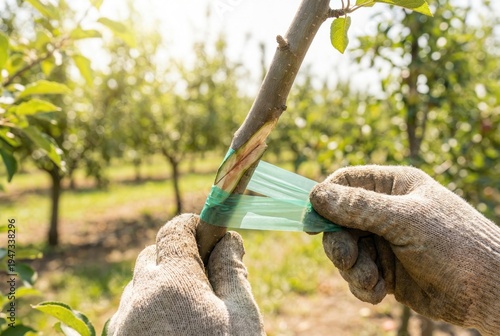 Gardener hands wearing heavy gloves wrapping green plastic tape around a freshly grafted fruit tree branch