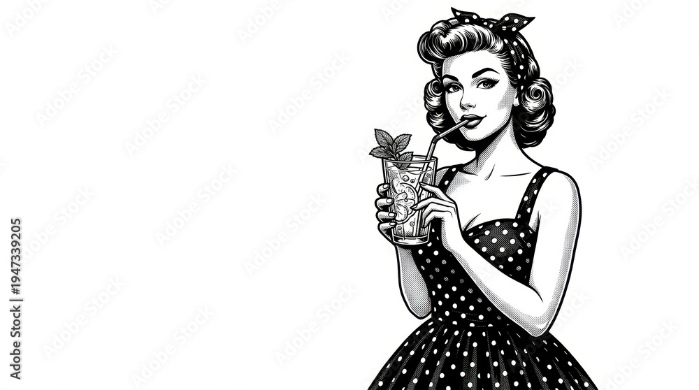 Naklejka premium IWoman in Polka Dot Dress Sipping Cold Lemonade, Classic Summer Charm, Sketch Engraving Vector Illustration, Generative AI