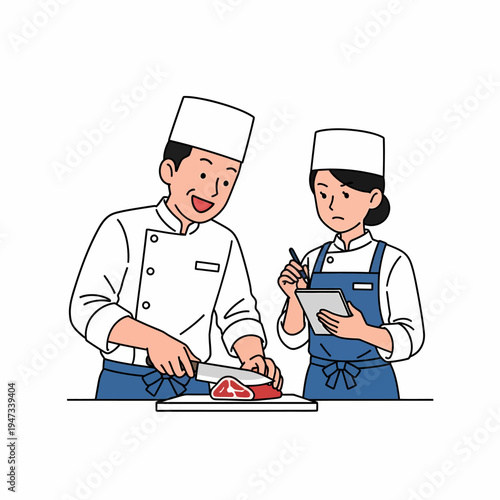 A male chef teaches a female apprentice how to cut meat in a kitchen, with her taking notes.