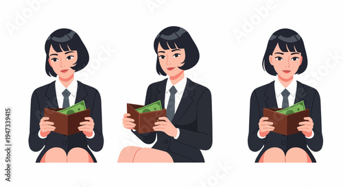 Three illustrations of a businesswoman holding an open wallet with money, depicting financial thoughts.