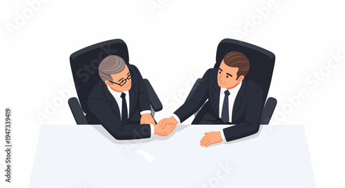 Two businessmen in suits shaking hands across a table, symbolizing a successful deal, partnership, or agreement.