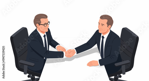 Two businessmen in suits shaking hands, symbolizing a successful deal or partnership.