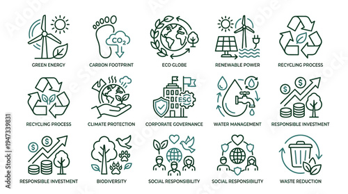 Sustainability and ESG concept vector icons set